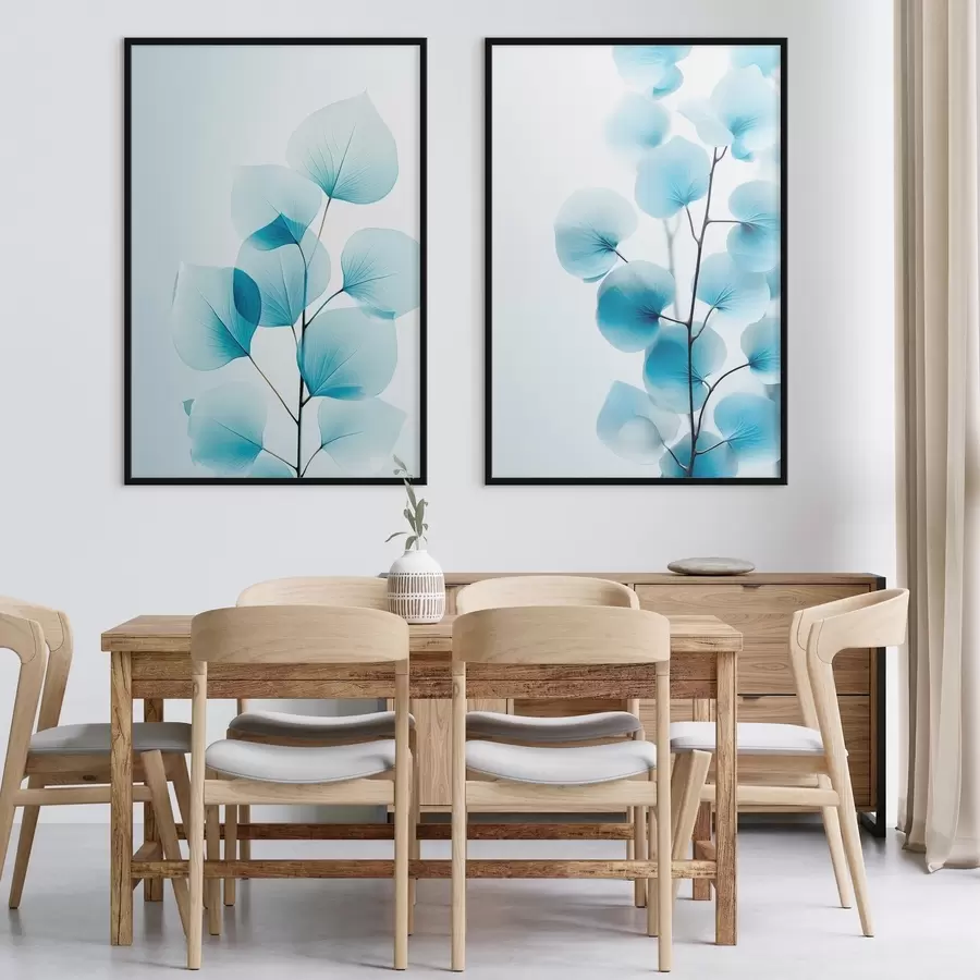 Fototapeta Gałązka z półprzezroczystymi niebieskimi liśćmi, widoczne delikatne żyłki, lekka i spokojna kompozycja, minimalistyczna estetyka d00522