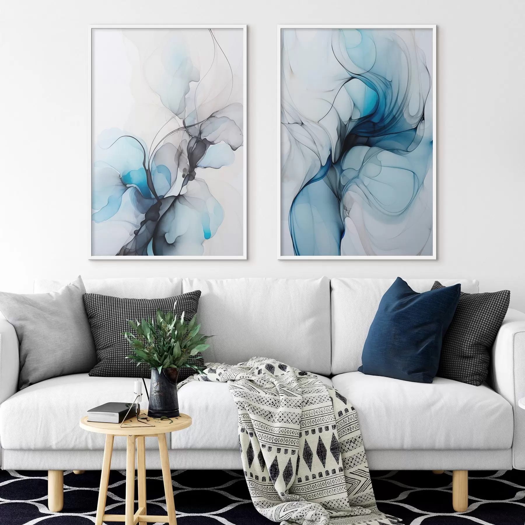 Fototapeta Abstrakcyjna kompozycja z płynnymi liniami i półprzezroczystymi płatkami w odcieniach błękitu, bieli i beżu, imitacja tuszu alkoholowego d00523