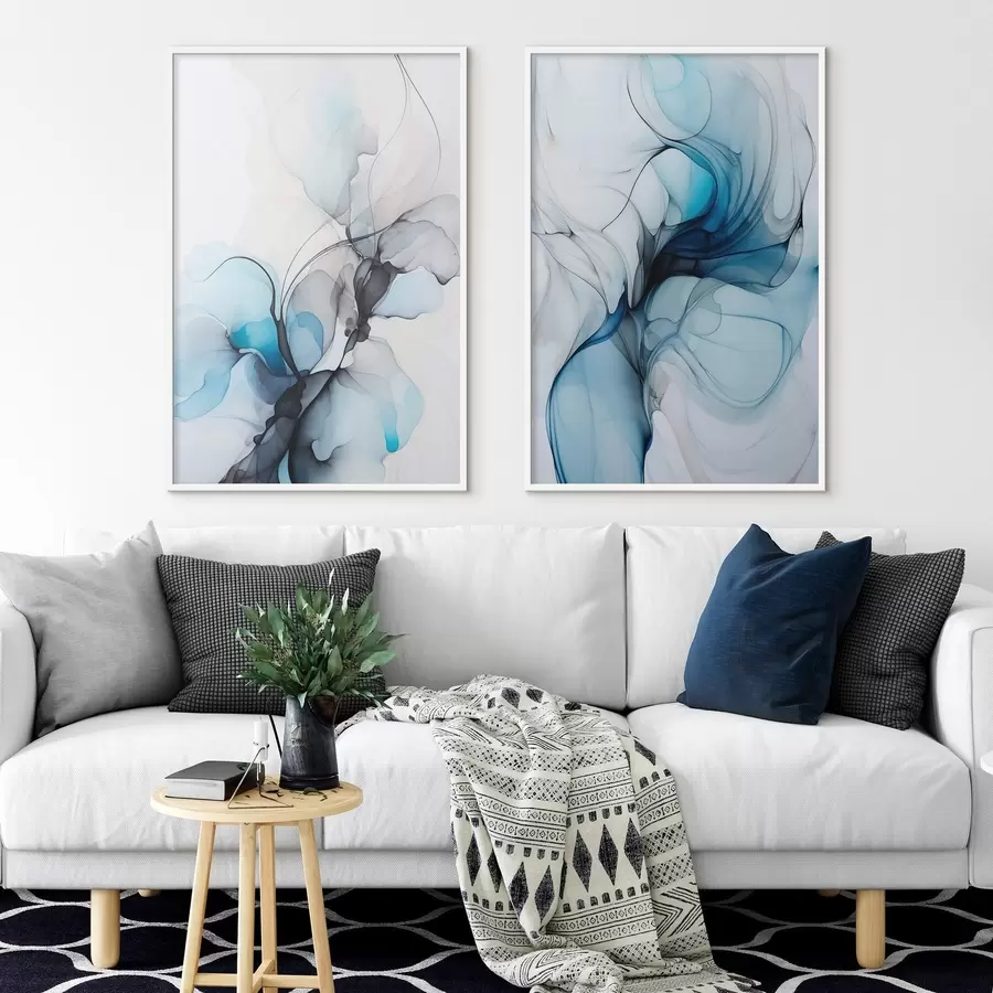 Fototapeta Abstrakcyjna kompozycja z płynnymi liniami i półprzezroczystymi płatkami w odcieniach błękitu, bieli i beżu, imitacja tuszu alkoholowego d00523