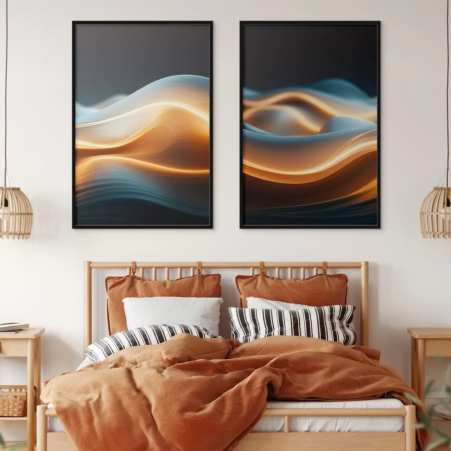 Fototapeta Abstrakcyjne płynne kształty z pomarańczowymi liniami, gładkie krzywe i linie, dynamiczna kompozycja, ciemne tło d00526