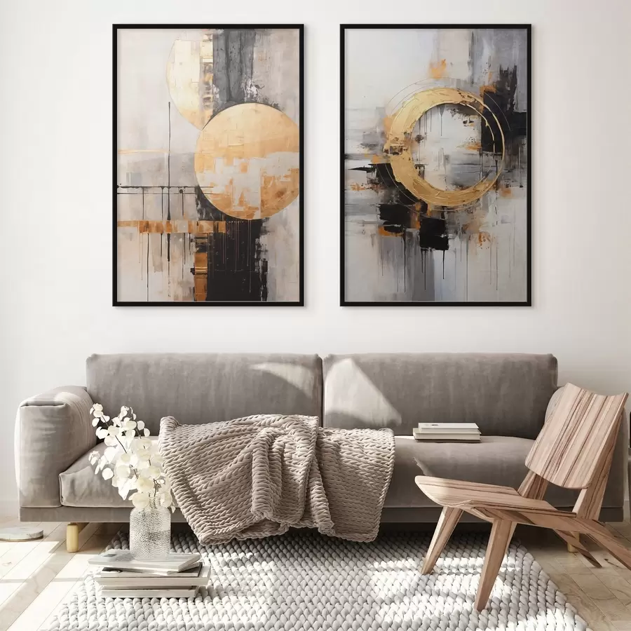 Fototapeta Abstrakcyjny obraz z okręgami, czarnymi i żółtymi liniami oraz tłem w odcieniach szarości i bieli d00527