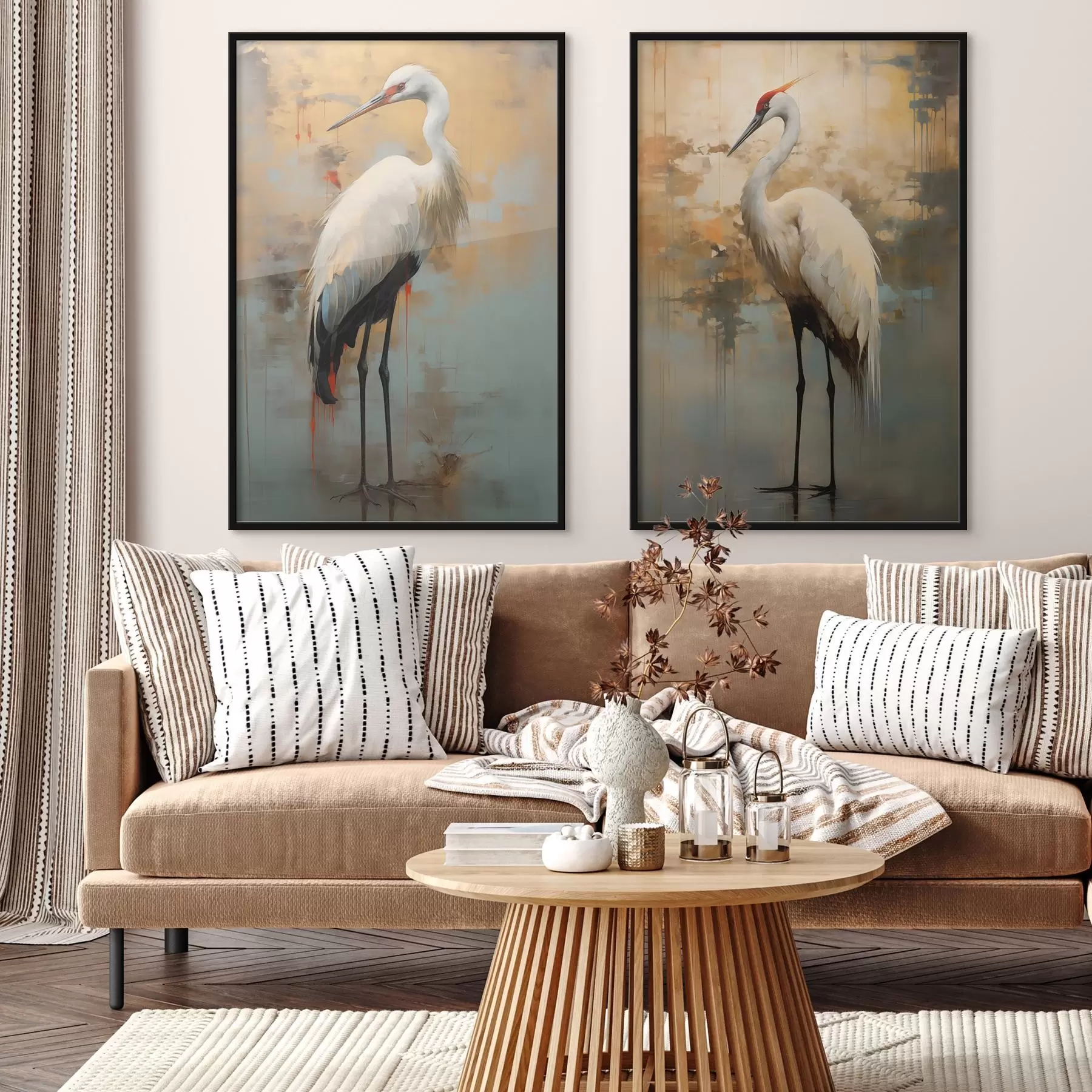 Fototapeta Biała czapla na tle stonowanych żółtych, brązowych i niebieskich odcieni sugerujących mglisty, abstrakcyjny krajobraz d00530