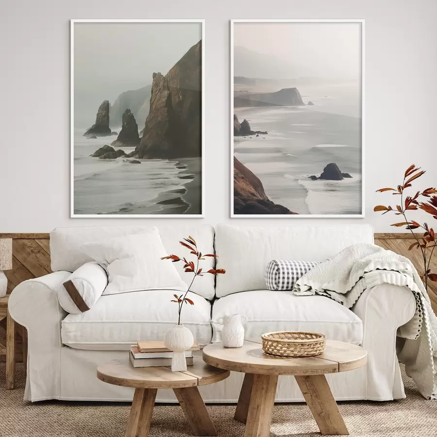 Fototapeta Skaliste klify i wybrzeże morskie, fale rozbijające się o brzeg, krajobraz z nastrojową atmosferą, ziemiste odcienie d00531