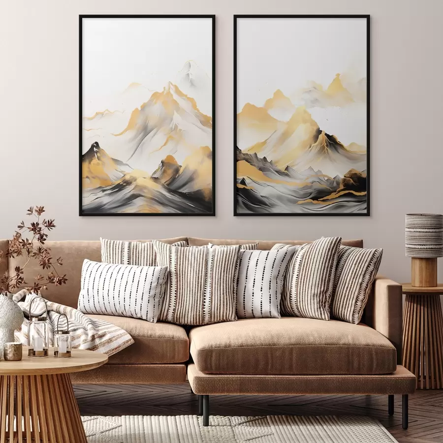 Fototapeta Teksturowane żółto-czarne góry ze śnieżnymi szczytami, styl malarstwa tuszem, minimalistyczny łańcuch górski d01002