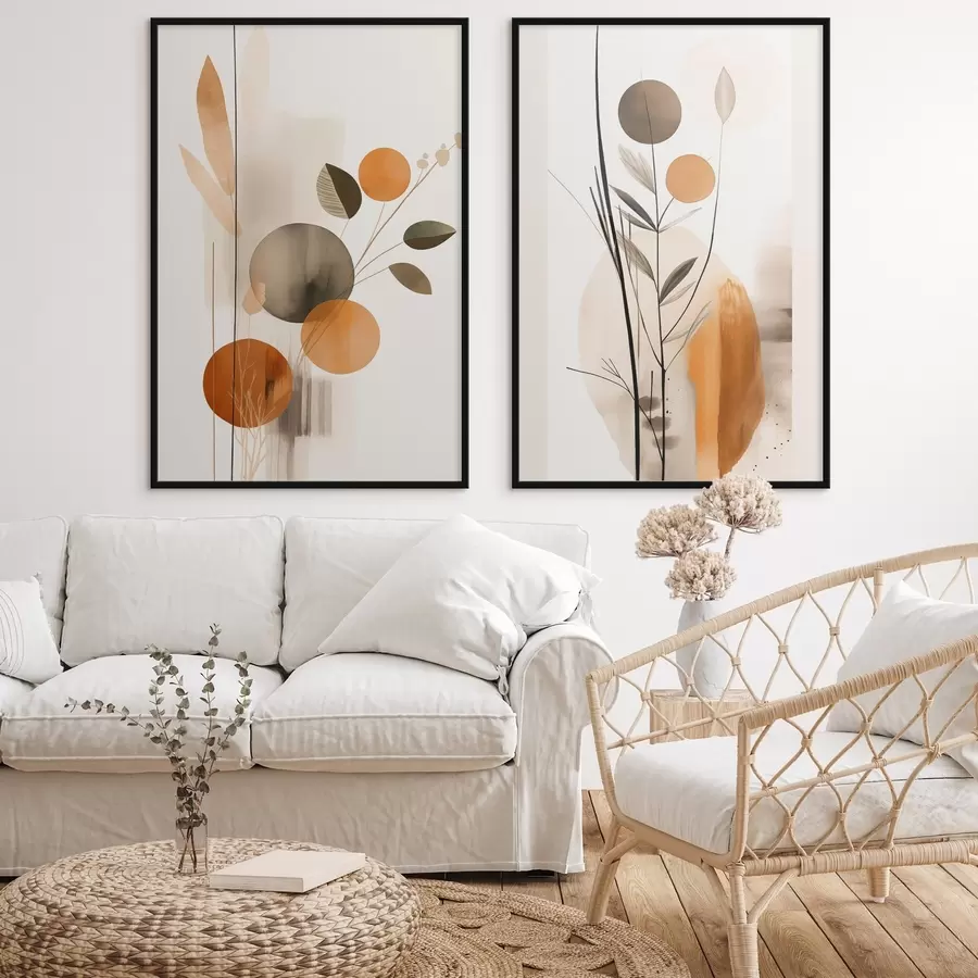 Fototapeta Imitacja malarstwa abstrakcyjnego z pomarańczowymi i szarymi okręgami, liśćmi i gałęziami, styl nowoczesny, efekt akwareli d01009