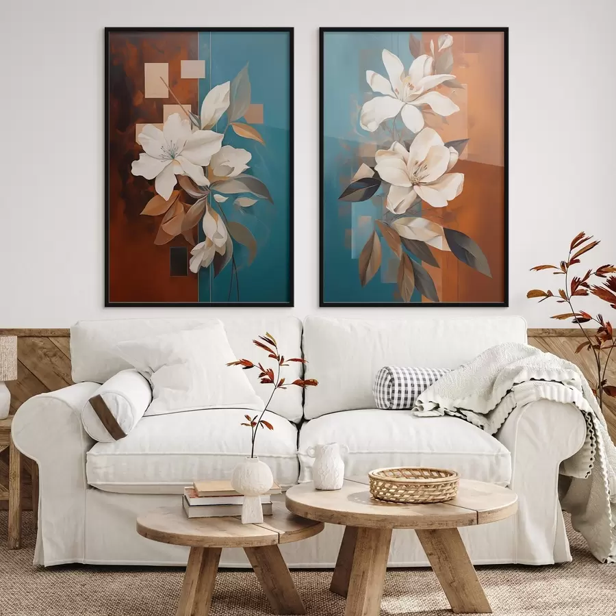 Fototapeta Abstrakcyjne białe kwiaty i liście na tle brązowym i niebieskim z abstrakcyjnymi kształtami, w minimalistycznym stylu. d01015