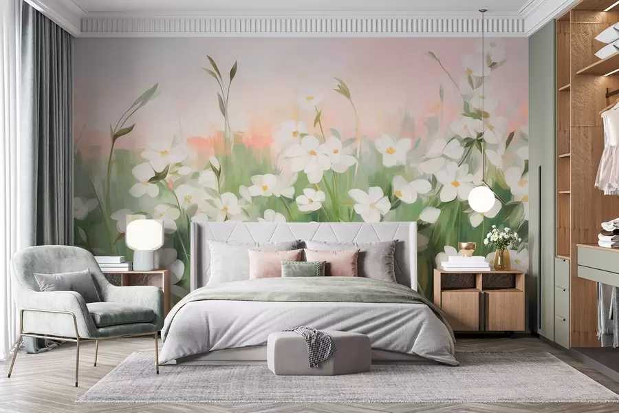 Fototapeta Abstrakcyjne pole dzikich kwiatów z zielonymi łodygami i liśćmi na tle delikatnego różowo-białego nieba o fakturze. w09297