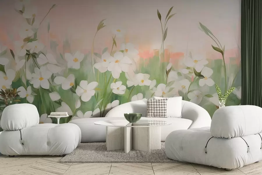 Fototapeta Abstrakcyjne pole dzikich kwiatów z zielonymi łodygami i liśćmi na tle delikatnego różowo-białego nieba o fakturze. w09297