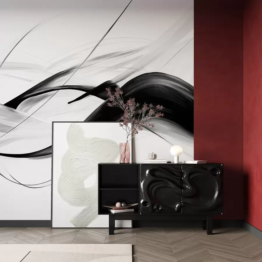 Fototapeta Abstrakcyjne czarno-białe pociągnięcia pędzla z cienkimi liniami tworzą nowoczesny wzór na jasnym tle. w09605