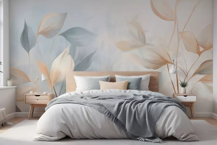 Fototapeta Miękkie, delikatne, półprzezroczyste liście w stonowanych odcieniach beżu, brzoskwini i jasnoniebieskiego, teksturowana sztuka pastelowa. w09607