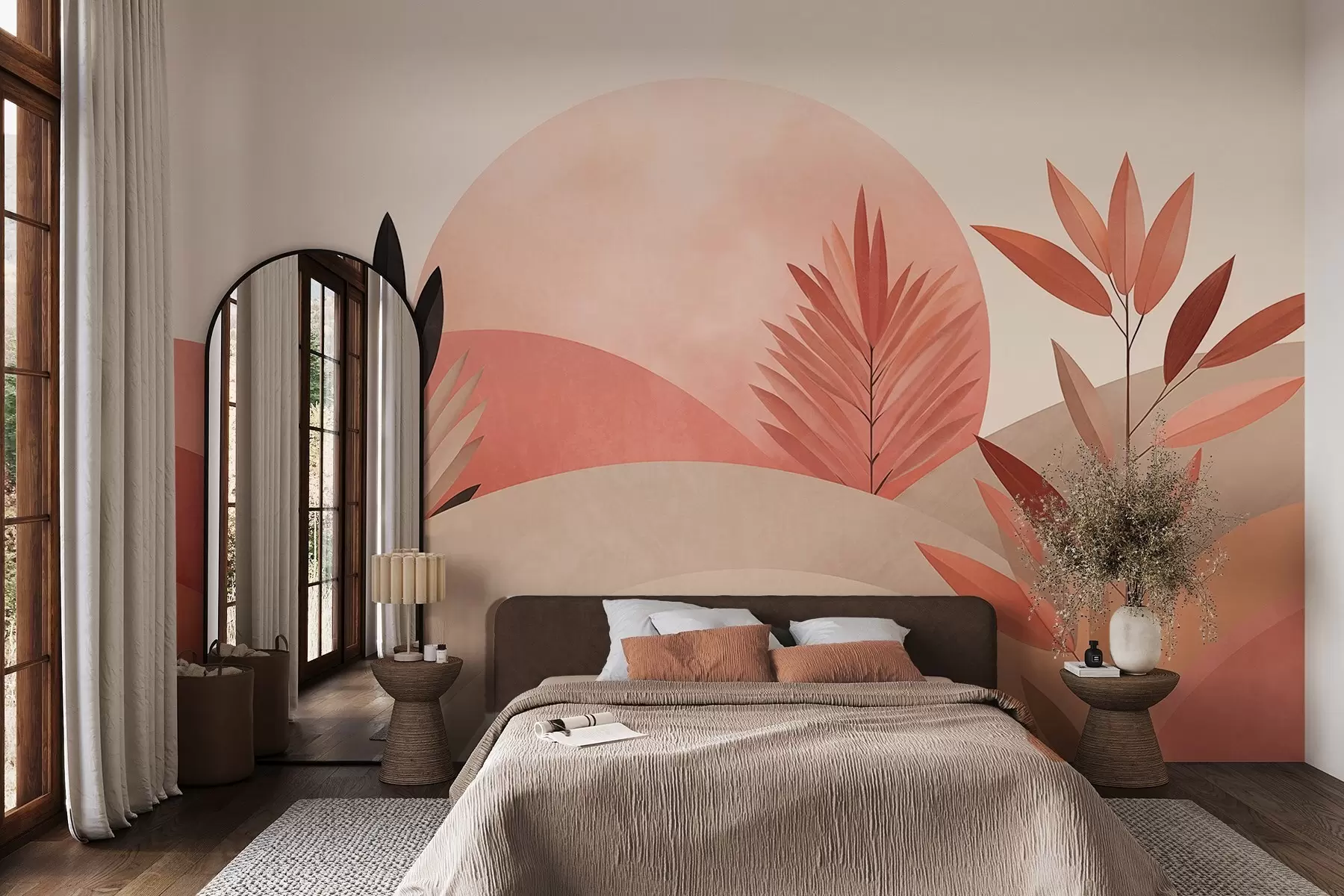 Fototapeta Abstrakcyjny krajobraz w stylu boho, słońce za falistymi wzgórzami, rośliny na pierwszym planie, minimalistyczny, teksturowany, stonowane kolory w09608