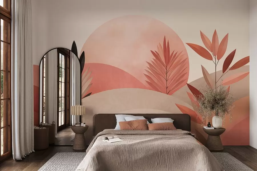 Fototapeta Abstrakcyjny krajobraz w stylu boho, słońce za falistymi wzgórzami, rośliny na pierwszym planie, minimalistyczny, teksturowany, stonowane kolory w09608