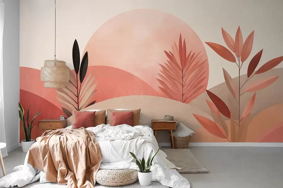 Fototapeta Abstrakcyjny krajobraz w stylu boho, słońce za falistymi wzgórzami, rośliny na pierwszym planie, minimalistyczny, teksturowany, stonowane kolory w09608