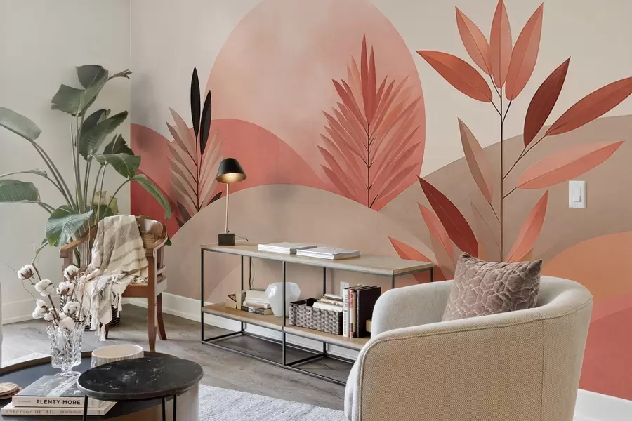 Fototapeta Abstrakcyjny krajobraz w stylu boho, słońce za falistymi wzgórzami, rośliny na pierwszym planie, minimalistyczny, teksturowany, stonowane kolory w09608