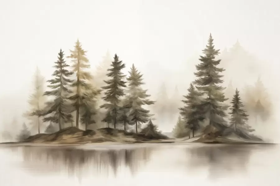 Fototapeta Teksturowany, zamglony las z wysokimi sosnami, imitacja obrazu w09610