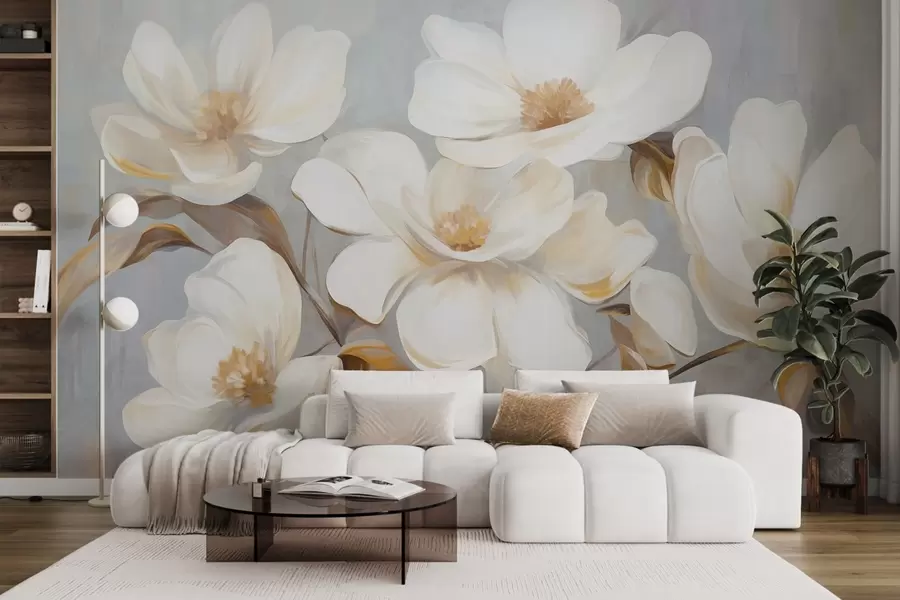 Fototapeta Teksturowany obraz imitujący kilka białych kwiatów magnolii na stonowanym pastelowym tle. w09612