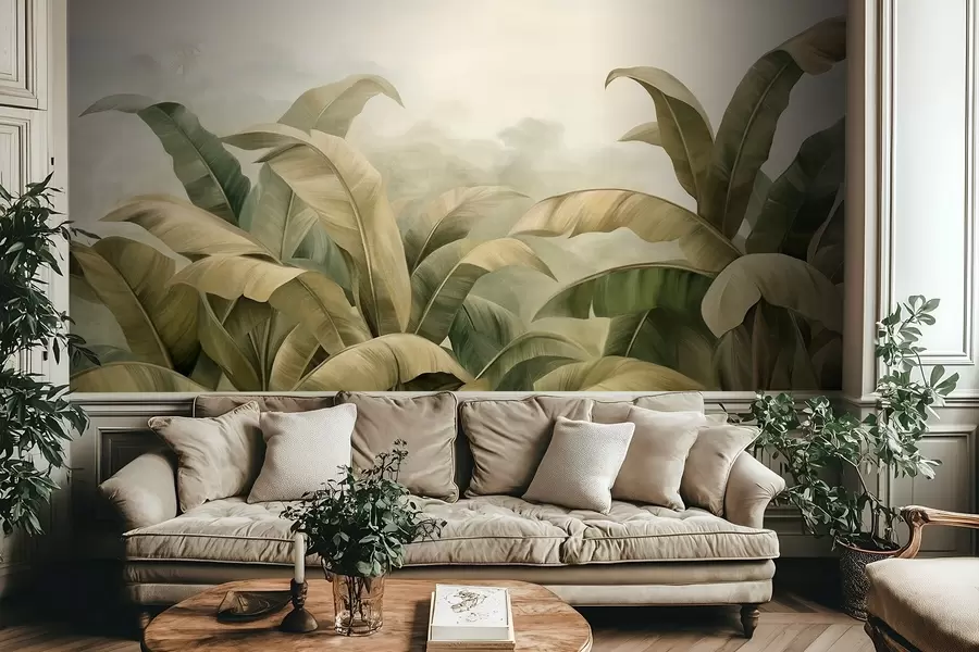 Fototapeta Teksturowany, gęsty krajobraz dżungli z dużymi liśćmi bananowca w stonowanych odcieniach zieleni i beżu. w09613