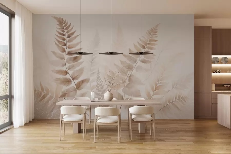 Fototapeta Teksturowane suszone liście paproci w różnych odcieniach brązu, na delikatnym, jasnym tle w stylu akwareli. w09615