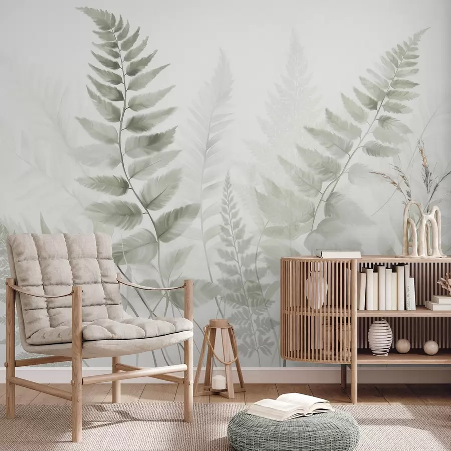 Fototapeta Teksturowane suszone liście paproci w różnych odcieniach zieleni, z delikatnym, jasnym tłem w stylu akwareli. w09615v1