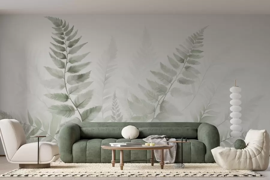 Fototapeta Teksturowane suszone liście paproci w różnych odcieniach zieleni, z delikatnym, jasnym tłem w stylu akwareli. w09615v1