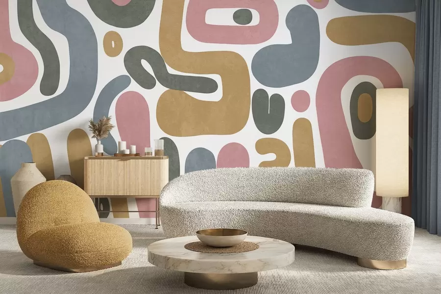 Fototapeta Abstrakcyjne, teksturowane kształty w pastelowym różu, stonowanym niebieskim, musztardowej żółci i szarości na białym tle – sztuka nowoczesna. w09620