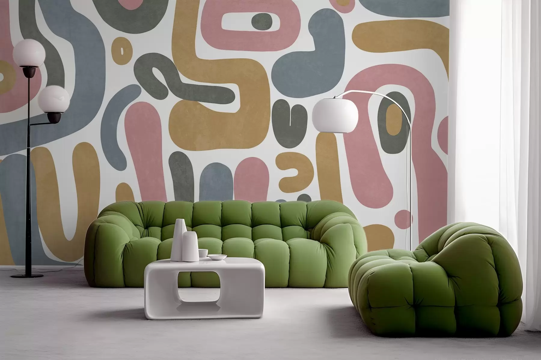 Fototapeta Abstrakcyjne, teksturowane kształty w pastelowym różu, stonowanym niebieskim, musztardowej żółci i szarości na białym tle – sztuka nowoczesna. w09620