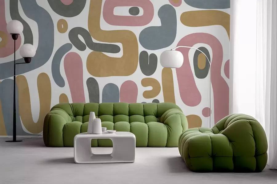 Fototapeta Abstrakcyjne, teksturowane kształty w pastelowym różu, stonowanym niebieskim, musztardowej żółci i szarości na białym tle – sztuka nowoczesna. w09620