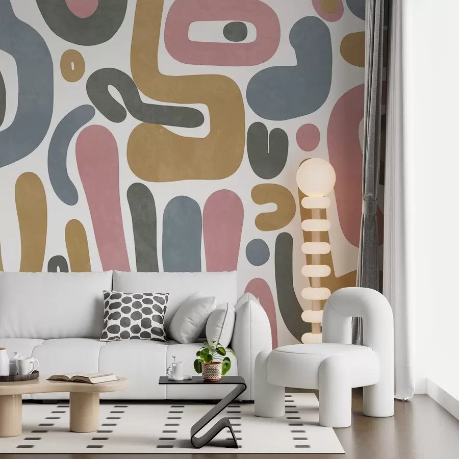 Fototapeta Abstrakcyjne, teksturowane kształty w pastelowym różu, stonowanym niebieskim, musztardowej żółci i szarości na białym tle – sztuka nowoczesna. w09620