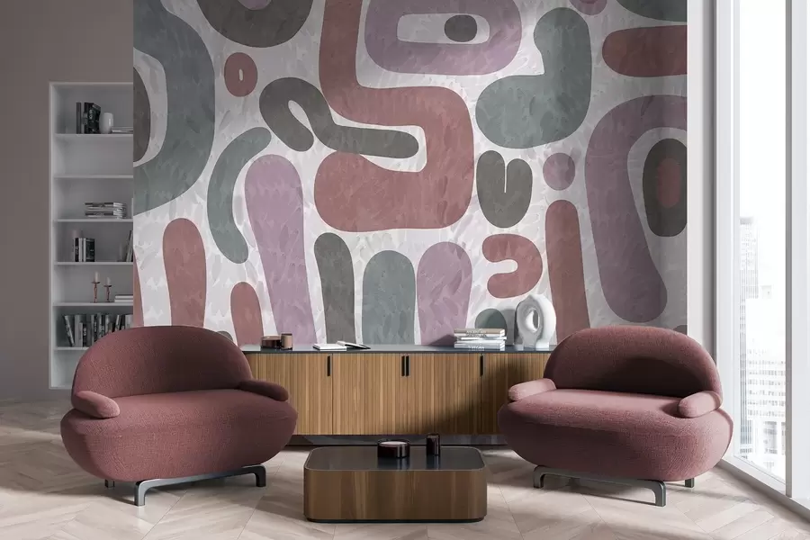 Fototapeta Abstrakcyjne, teksturowane kształty w stonowanych odcieniach różu, zieleni i szarości na teksturowanym tle – sztuka współczesna. w09622