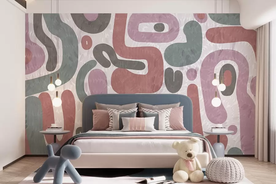 Fototapeta Abstrakcyjne, teksturowane kształty w stonowanych odcieniach różu, zieleni i szarości na teksturowanym tle – sztuka współczesna. w09622