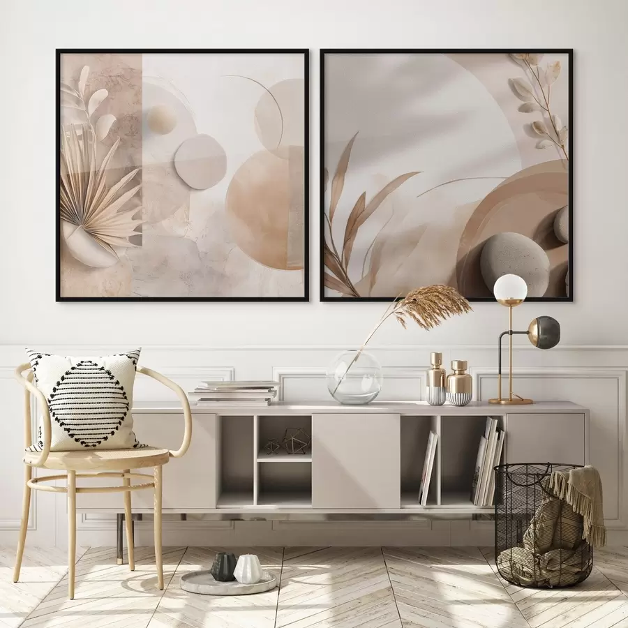 Fototapeta Dwa płótna z wysuszonymi liśćmi i teksturowanymi kształtami d00893