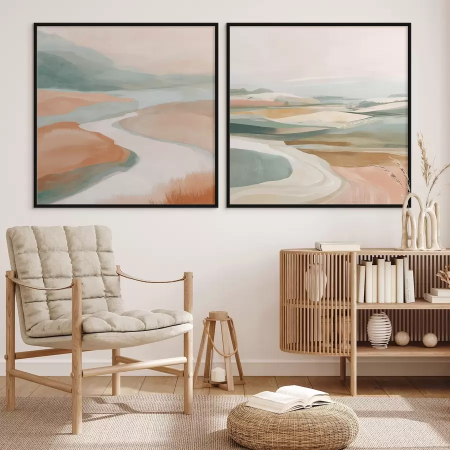 Fototapeta Abstrakcyjne wzgórza i rzeka w pastelowej palecie barw d00896