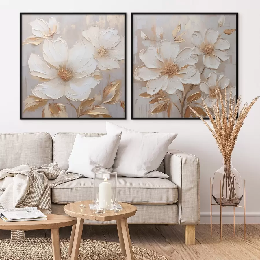 Fototapeta Dyptyk z dużymi kwiatami w jasnych, ciepłych kolorach d00927