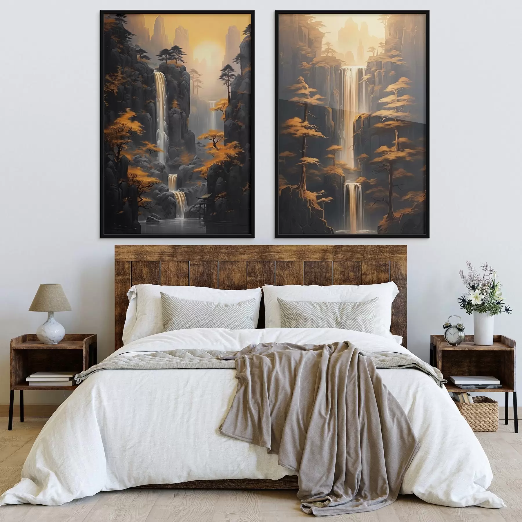 Fototapeta Krajobraz z wodospadem i górami w złocistym świetle d00928