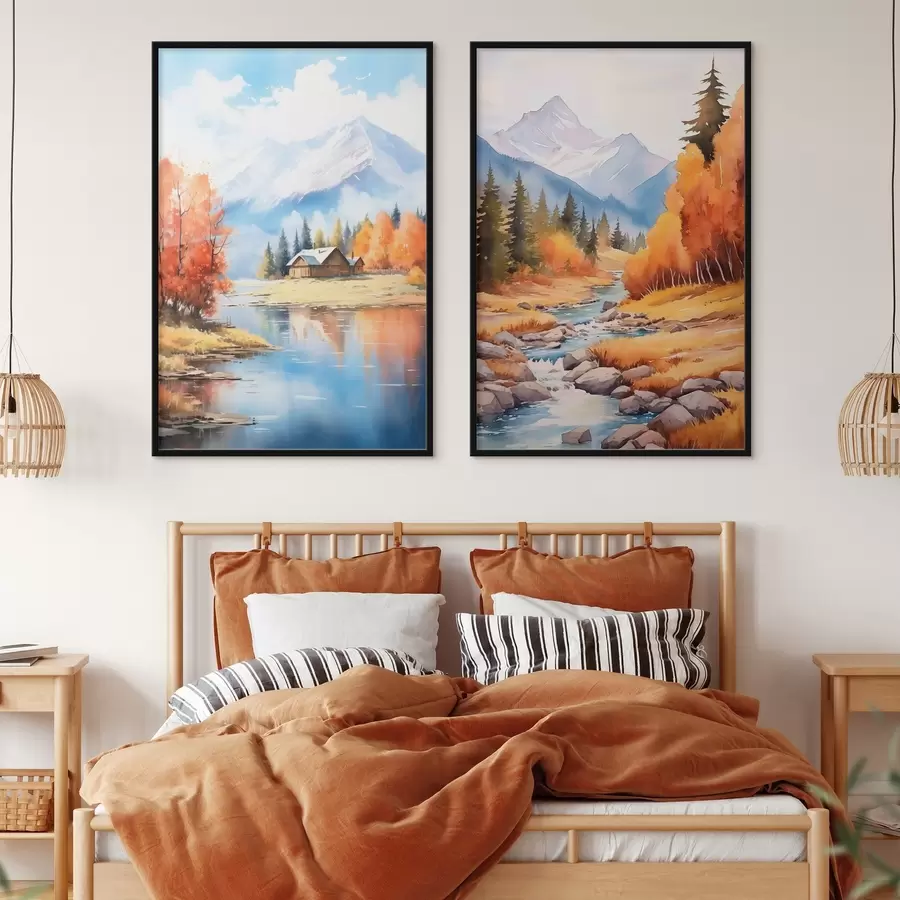 Fototapeta Jesienny górski krajobraz z jeziorem i rzeką d00929