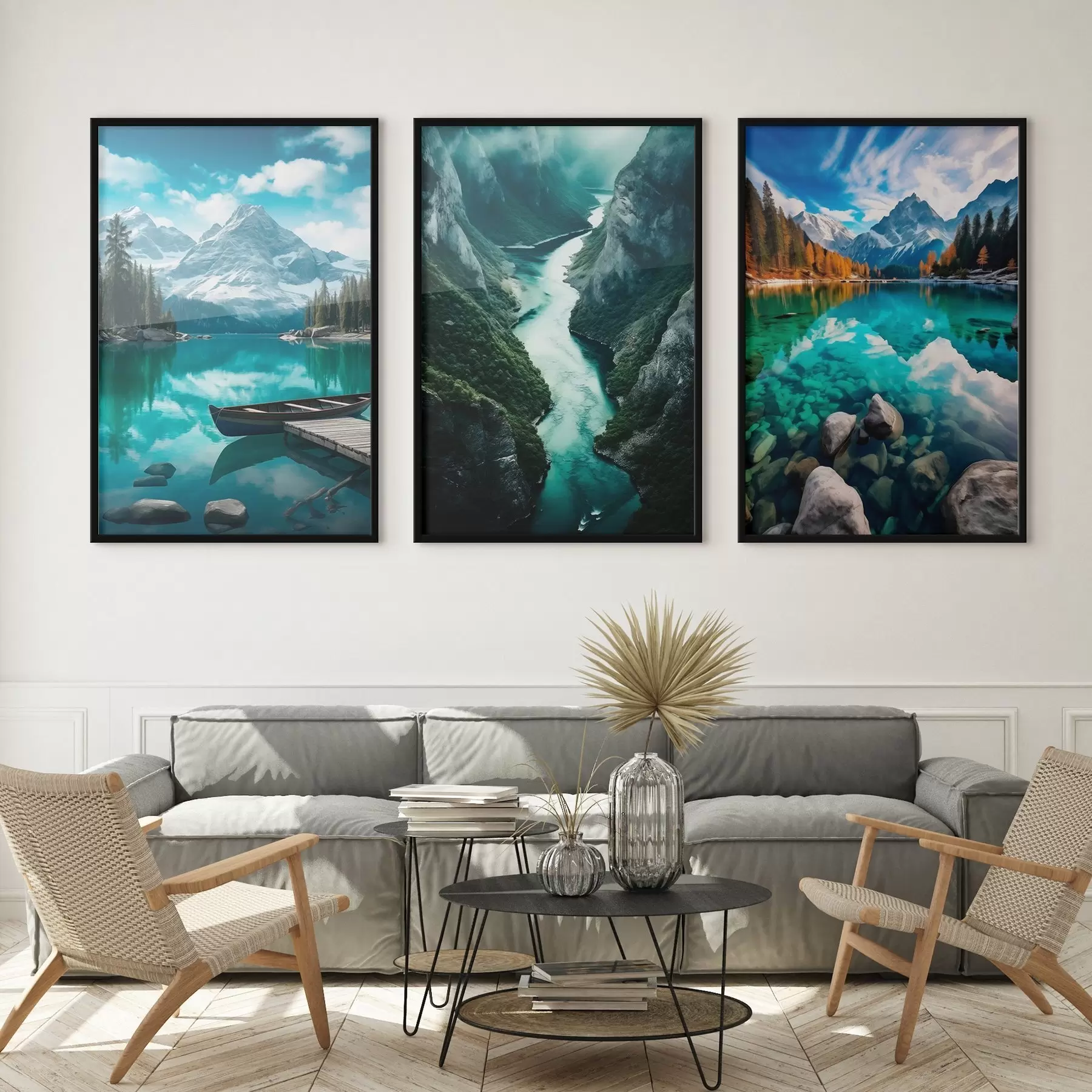 Fototapeta Alpejskie jeziora i widoki na fiordy w chłodnych odcieniach turkusu d00961