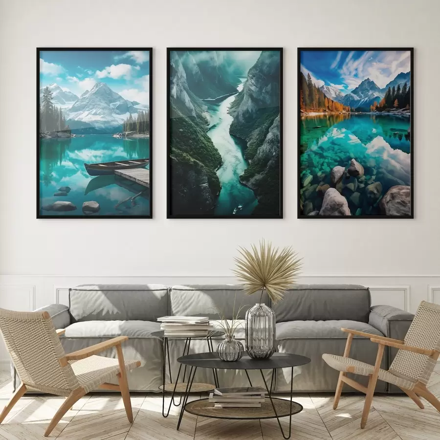 Fototapeta Alpejskie jeziora i widoki na fiordy w chłodnych odcieniach turkusu d00961