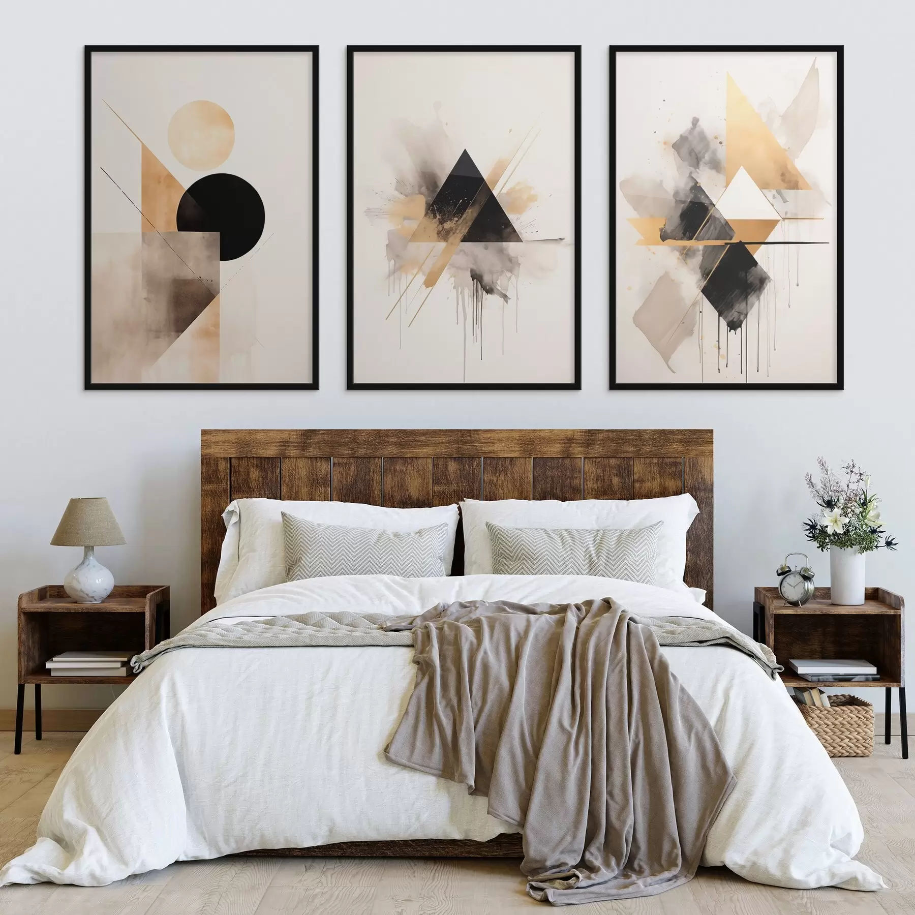 Fototapeta Geometryczne trójkąty z plamami atramentu, czarne i ochrowe d00963