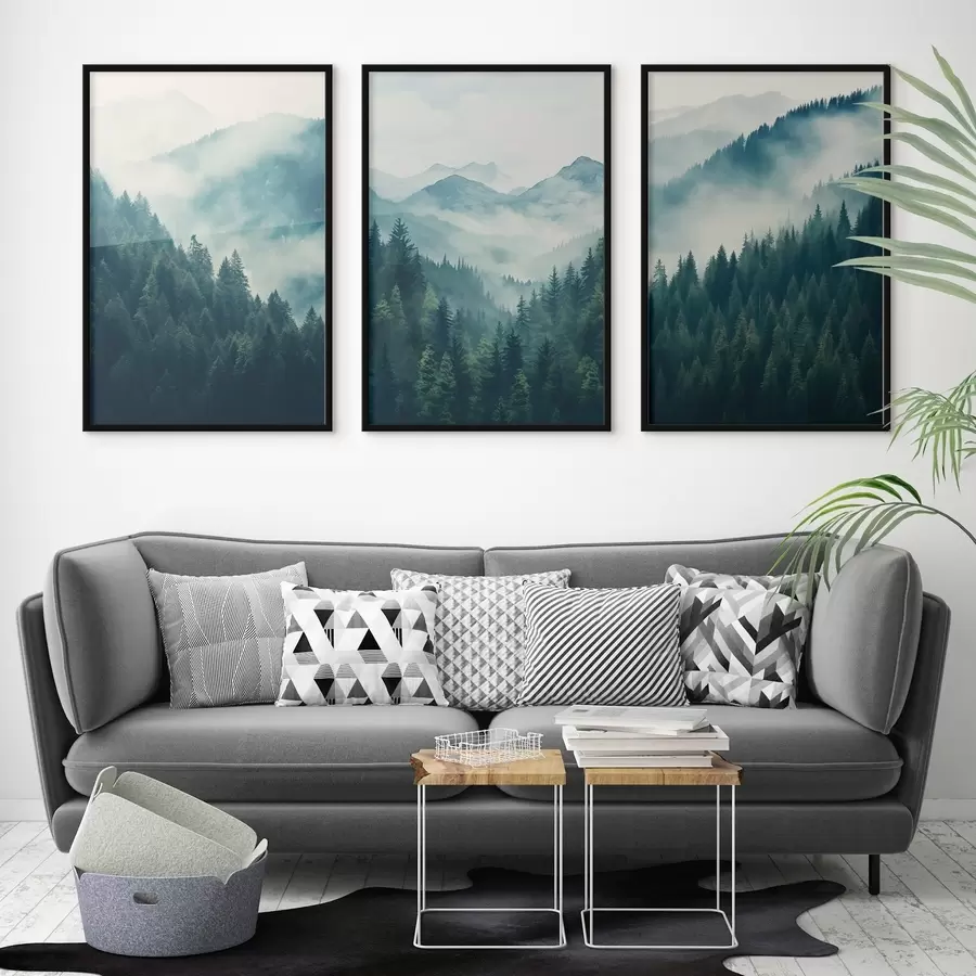 Fototapeta Mgliste, pokryte sosnami góry, pokryte delikatnymi odcieniami zieleni i błękitu. d00964