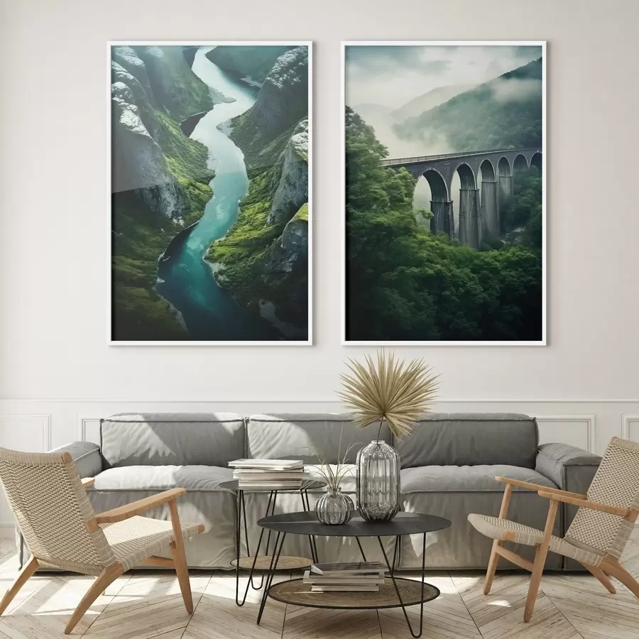 Fototapeta Powietrzny kanion rzeki i mglisty wiadukt wśród zielonych wzgórz d00967