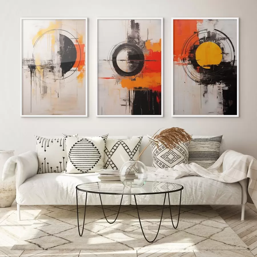 Fototapeta Teksturowane koła i odważne pociągnięcia pędzlem w kolorach czarnym, ochry i pomarańczowym. d00974