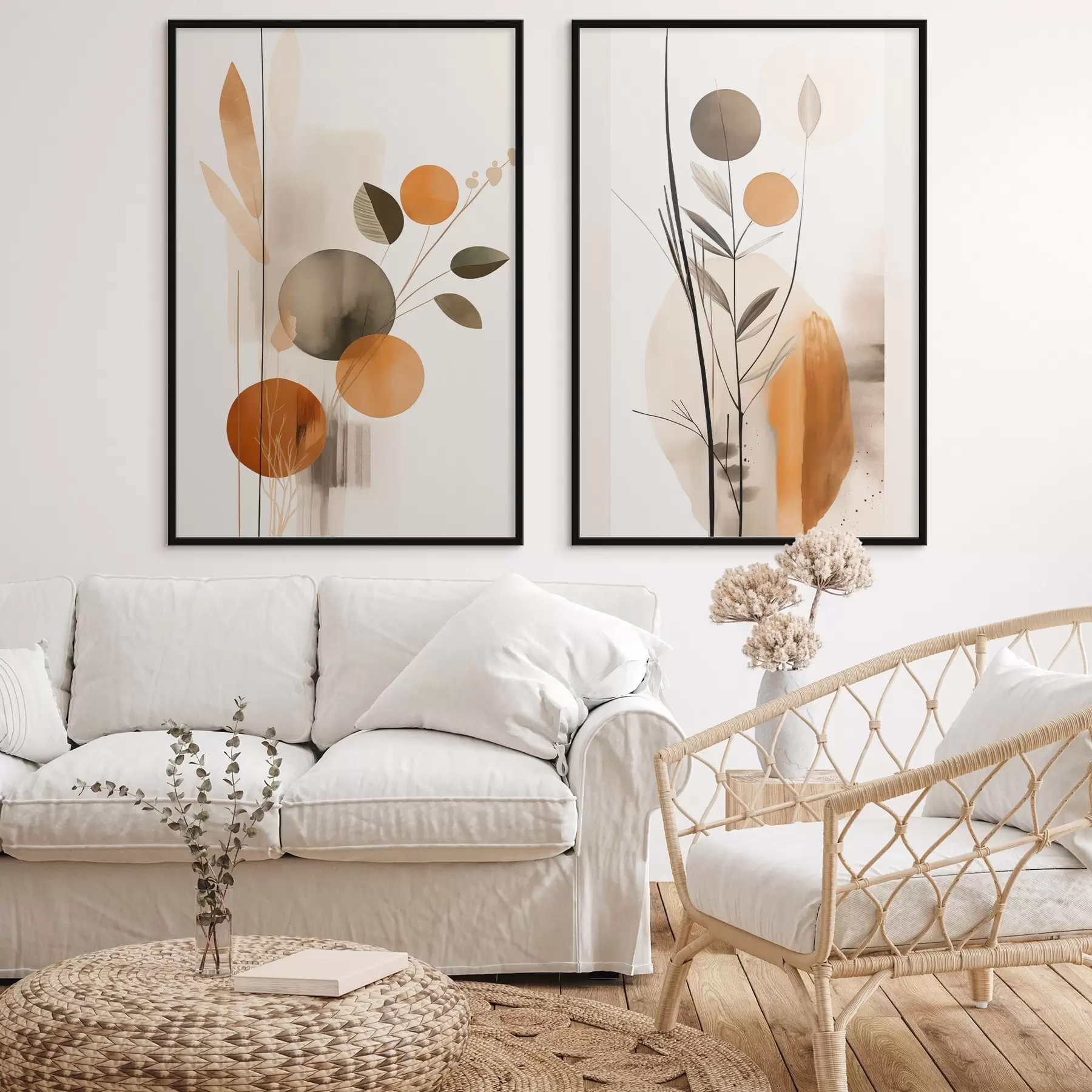 Fototapeta Imitacja malarstwa abstrakcyjnego z pomarańczowymi i szarymi okręgami, liśćmi i gałęziami, styl nowoczesny, efekt akwareli d01009