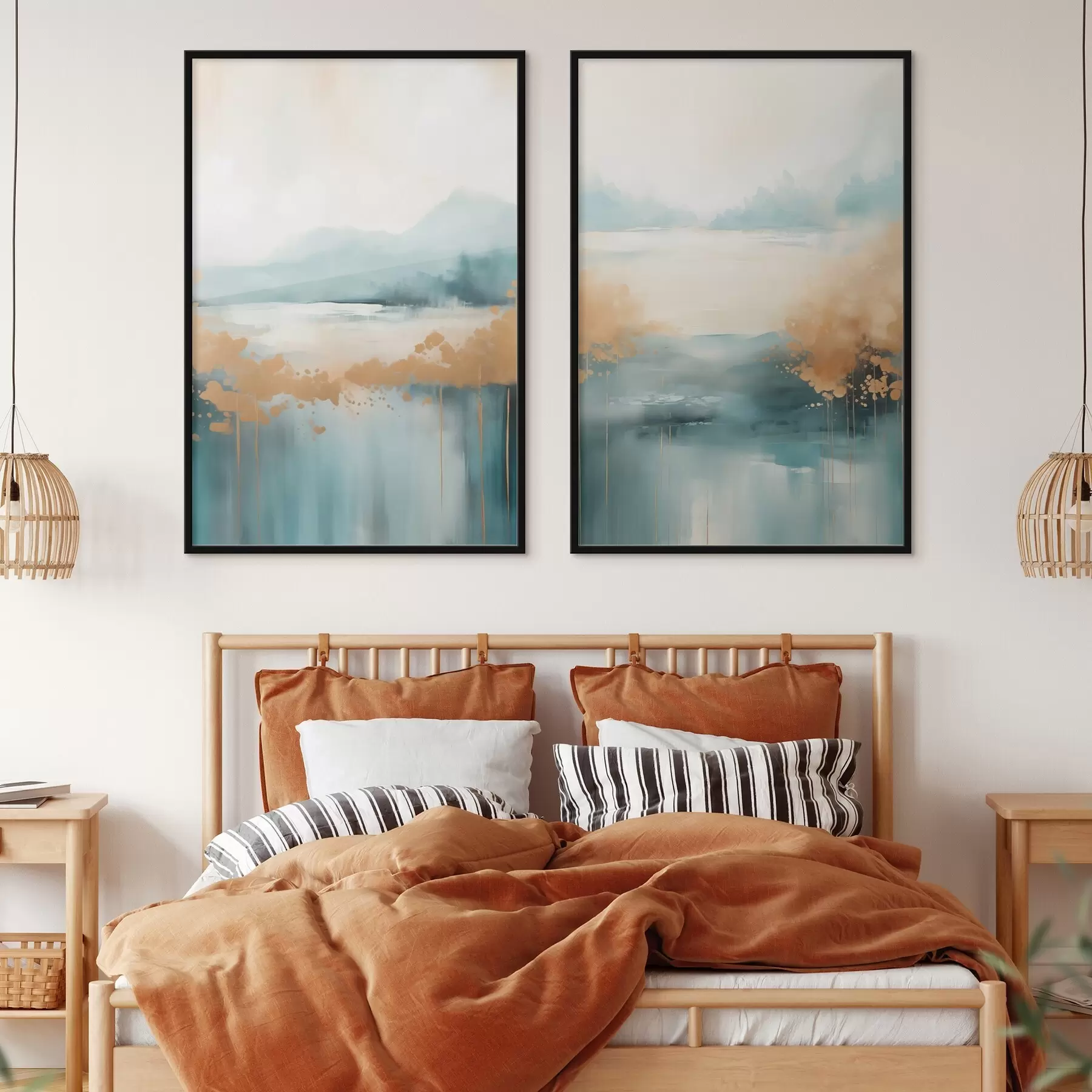 Fototapeta Abstrakcyjny pejzaż z górami i jeziorem w kolorze turkusowym i teksturowanej żółci, delikatne pociągnięcia pędzla, minimalistyczna grafika d01012