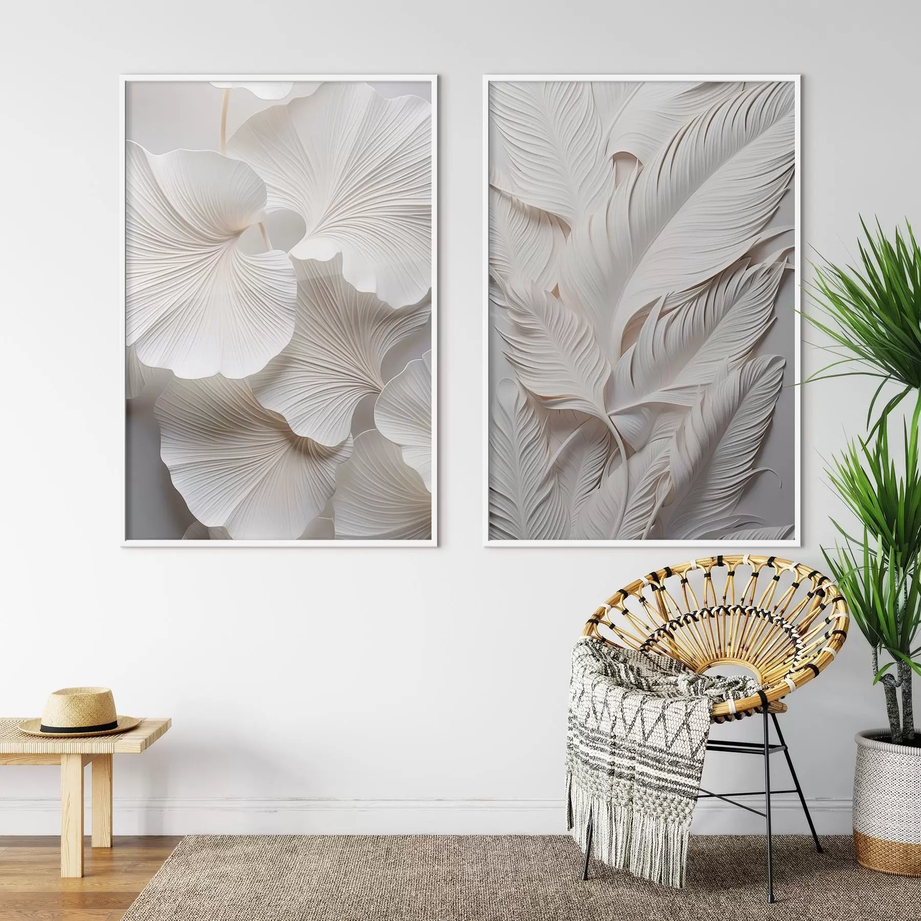 Fototapeta Białe liście miłorzębu i długie liście o skomplikowanych szczegółach, tworzące efekt tekstury i warstwowości, minimalistyczna sztuka. d01013