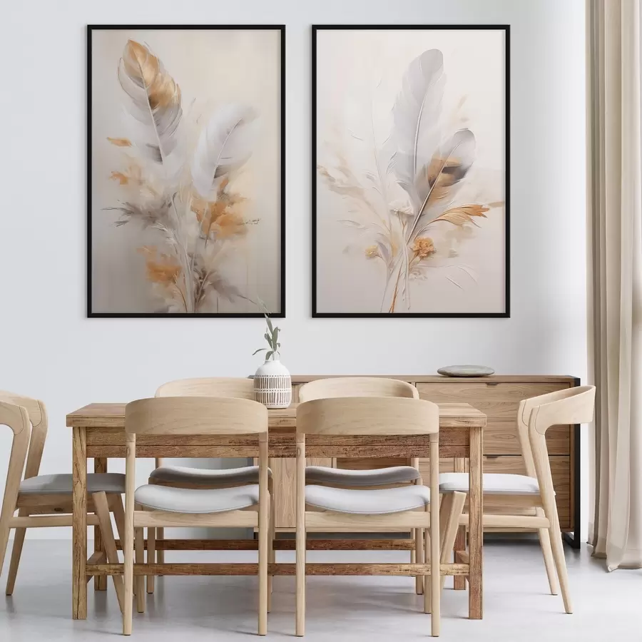 Fototapeta Abstrakcyjne pióra otoczone beżowymi i brązowymi piórami, miękkie i delikatne, na jasnobeżowym tle. d01016