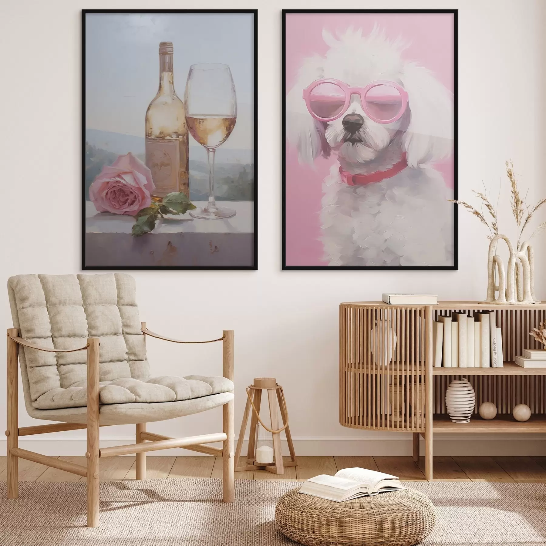 Fototapeta Butelka i kieliszek wina oraz pudel w okularach, imitacja obrazu d01021