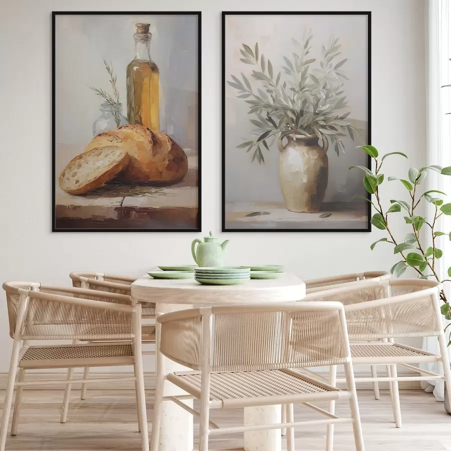 Fototapeta Gałązki oliwne w wazonie, chleb i butelka oliwy, imitacja obrazu d01035