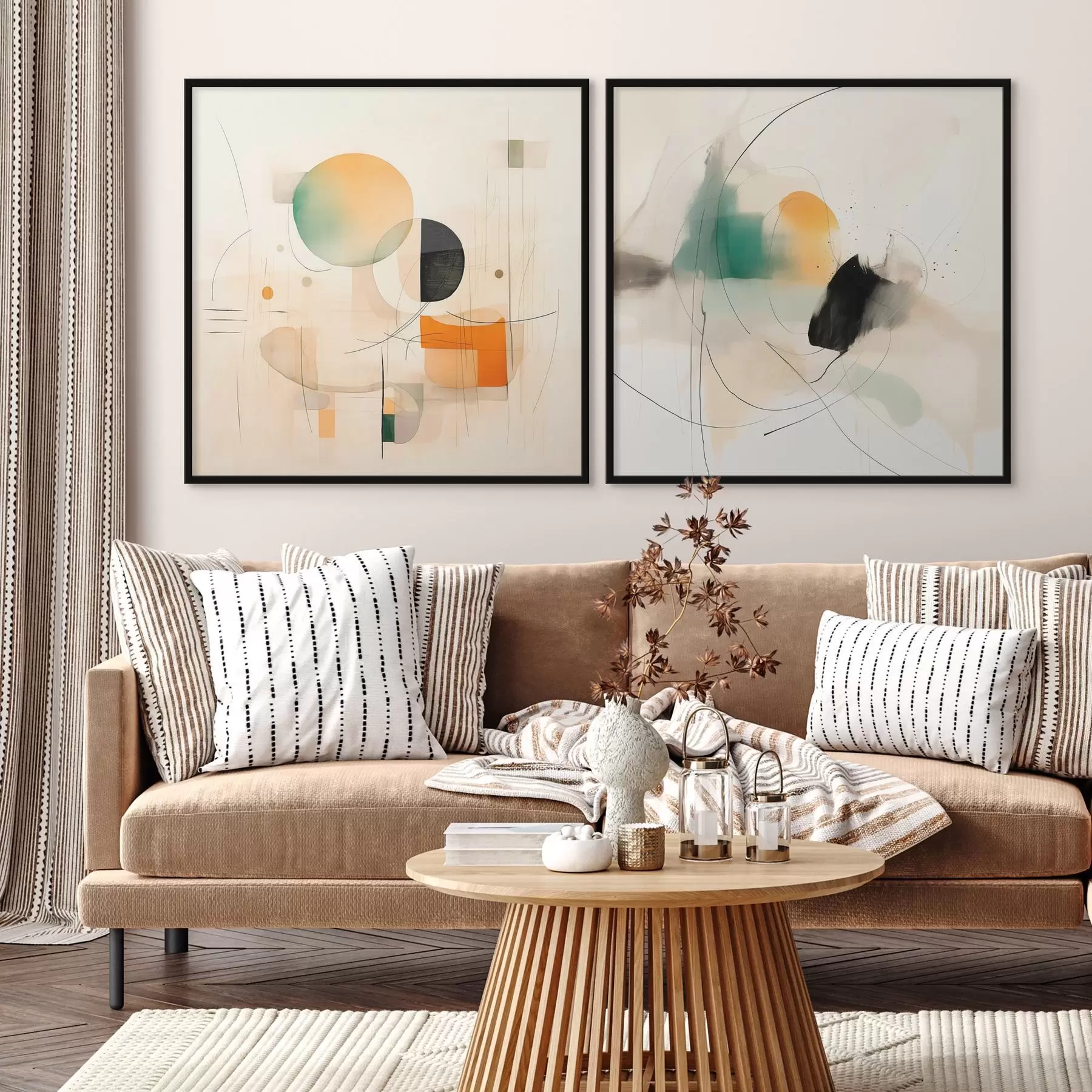 Fototapeta Abstrakcyjny dyptyk z okrągłymi formami i dynamicznymi liniami d00981