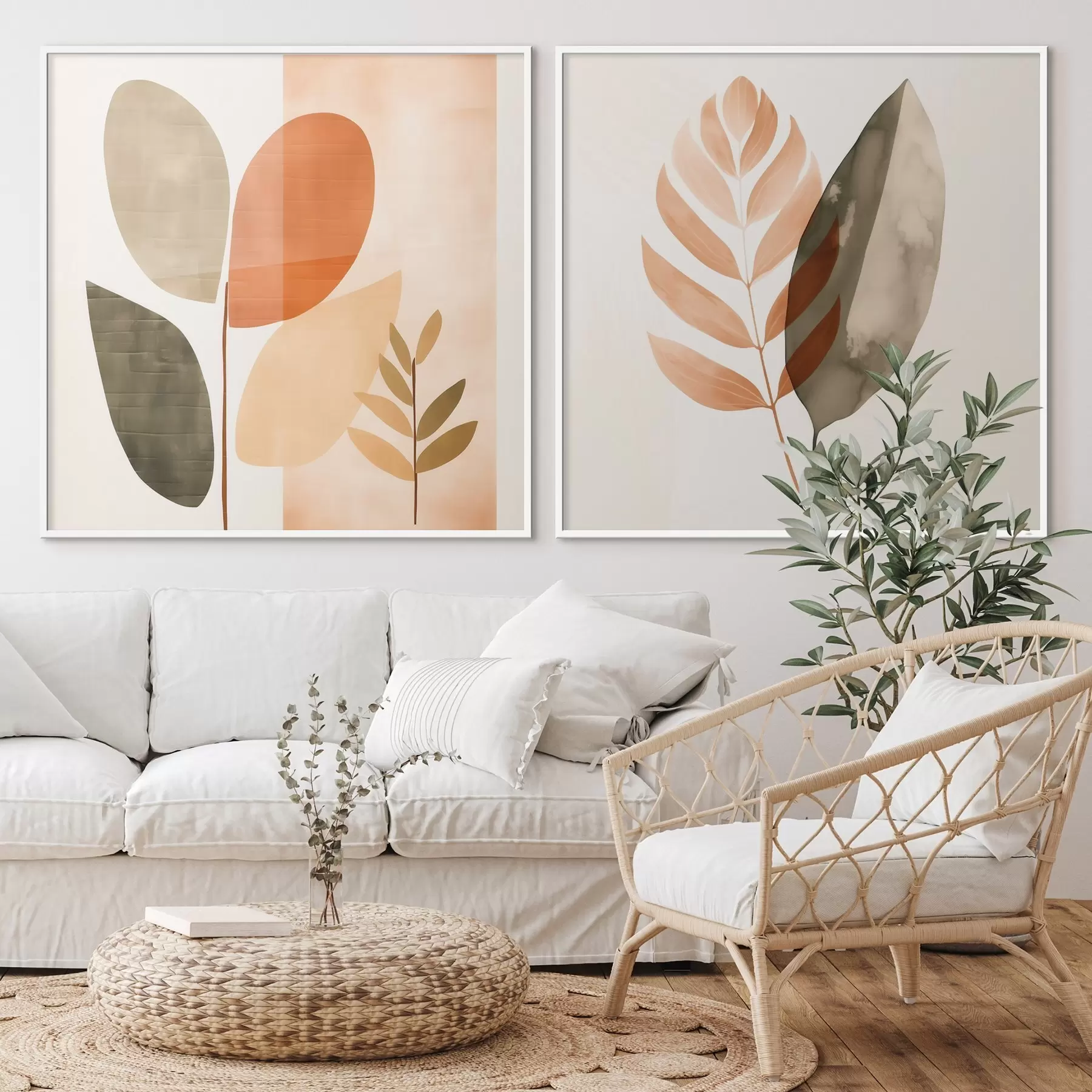 Fototapeta Dwuczęściowy obraz z motywami roślinnymi w pastelowej kolorystyce d00983