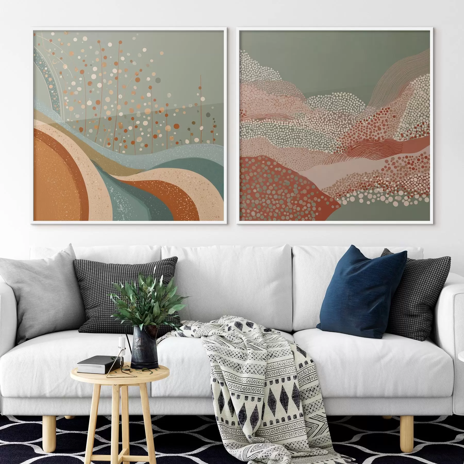 Fototapeta Dwuczęściowy abstrakcyjny pejzaż z kropkowanymi i falistymi elementami d00987